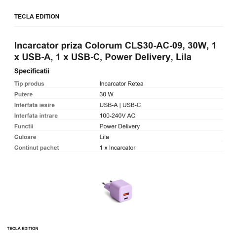 Incarcator priza Colorum CLS30-AC-09, 30W, 1 x USB-A, 1 x USB-C, Power Delivery, Lila [2]