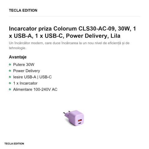 Incarcator priza Colorum CLS30-AC-09, 30W, 1 x USB-A, 1 x USB-C, Power Delivery, Lila [1]