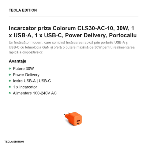 Incarcator priza Colorum CLS30-AC-10, 30W, 1 x USB-A, 1 x USB-C, Power Delivery, Portocaliu [1]