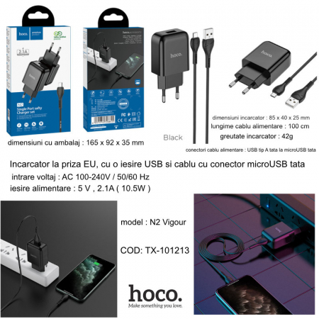 Incarcator priza EU, 5V / 2.1 A, 1 x USB, HOCO N2 Vigour, cu cablu microUSB, lungime 1m, negru [5]