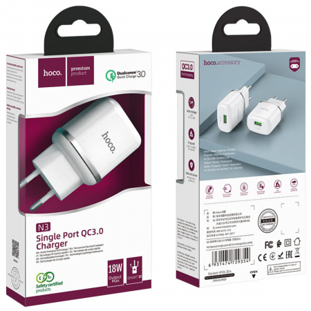 Incarcator priza EU, HOCO N3 Single Port, QC 3.0, 5V / 3 A, 18W, 1 x USB, alb [4]