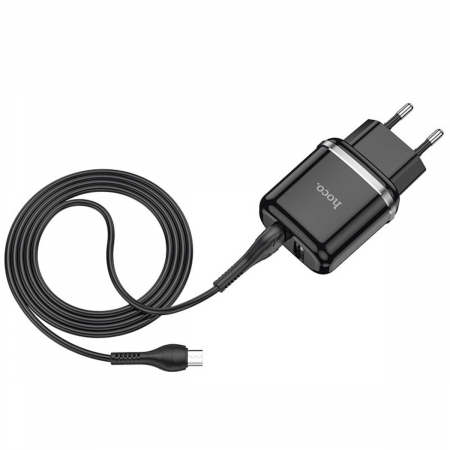 Incarcator priza EU, 5V / 2.4 A, 2 x USB, HOCO N4 Aspiring 12W, cu cablu microUSB, lungime 1m, negru [1]