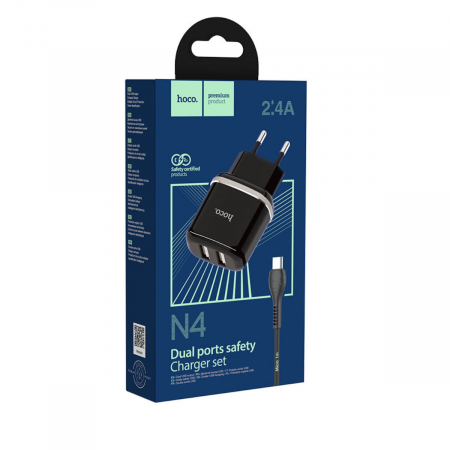 Incarcator priza EU, 5V / 2.4 A, 2 x USB, HOCO N4 Aspiring 12W, cu cablu microUSB, lungime 1m, negru [3]