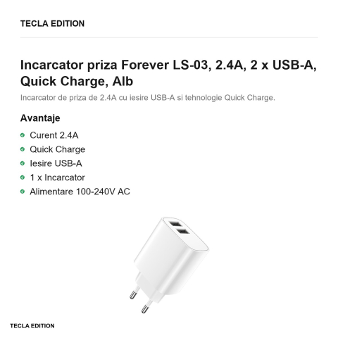 Incarcator priza Forever LS-03, 2.4A, 2 x USB-A, Quick Charge, Alb [1]