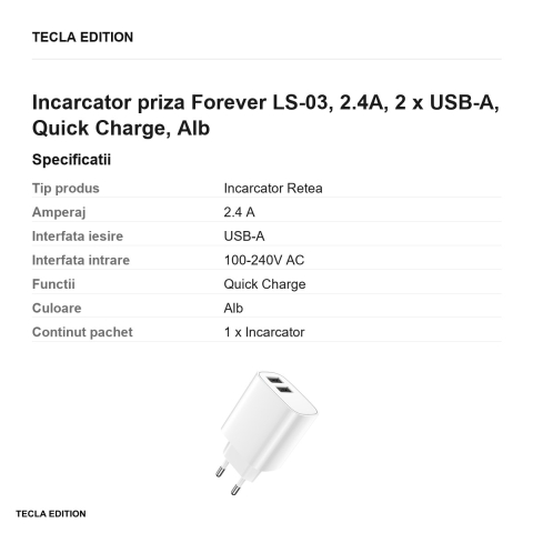 Incarcator priza Forever LS-03, 2.4A, 2 x USB-A, Quick Charge, Alb [2]