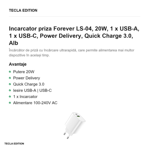 Incarcator priza Forever LS-04, 20W, 1 x USB-A, 1 x USB-C, Power Delivery, Quick Charge 3.0, Alb [1]