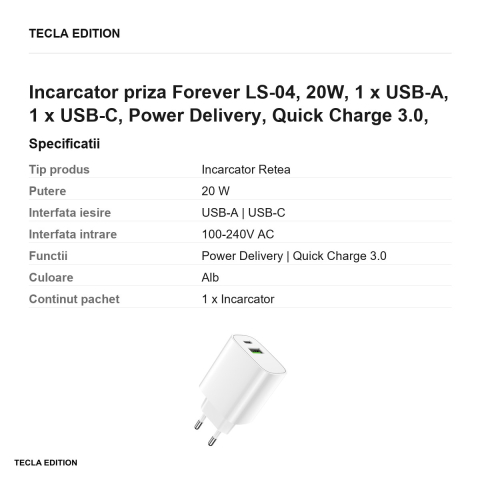 Incarcator priza Forever LS-04, 20W, 1 x USB-A, 1 x USB-C, Power Delivery, Quick Charge 3.0, Alb [2]