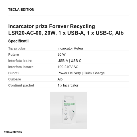 Incarcator priza Forever Recycling LSR20-AC-00, 20W, 1 x USB-A, 1 x USB-C, Alb [2]