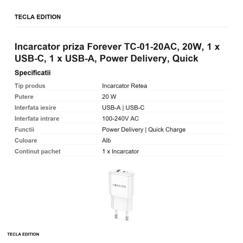 Incarcator priza Forever TC-01-20AC, 20W, 1 x USB-C, 1 x USB-A, Power Delivery, Quick Charge, Alb [2]