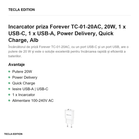 Incarcator priza Forever TC-01-20AC, 20W, 1 x USB-C, 1 x USB-A, Power Delivery, Quick Charge, Alb [1]