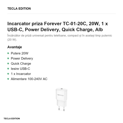 Incarcator priza Forever TC-01-20C, 20W, 1 x USB-C, Power Delivery, Quick Charge, Alb [1]