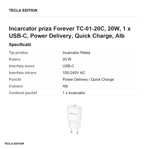 Incarcator priza Forever TC-01-20C, 20W, 1 x USB-C, Power Delivery, Quick Charge, Alb [2]