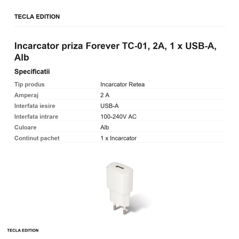 Incarcator priza Forever TC-01, 2A, 1 x USB-A, Alb [2]