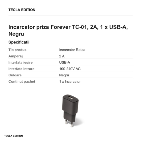 Incarcator priza Forever TC-01, 2A, 1 x USB-A, Negru [2]