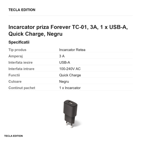 Incarcator priza Forever TC-01, 3A, 1 x USB-A, Quick Charge, Negru [2]