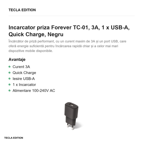 Incarcator priza Forever TC-01, 3A, 1 x USB-A, Quick Charge, Negru [1]