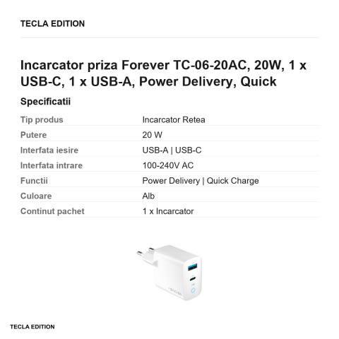 Incarcator priza Forever TC-06-20AC, 20W, 1 x USB-C, 1 x USB-A, Power Delivery, Quick Charge, Alb [2]
