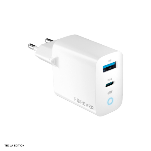 Accesorii IT - Incarcator priza Forever TC-06-45AC, 45W, 1 x USB-C, 1 x USB-A, Power Delivery, Quick Charge, GaN, Alb