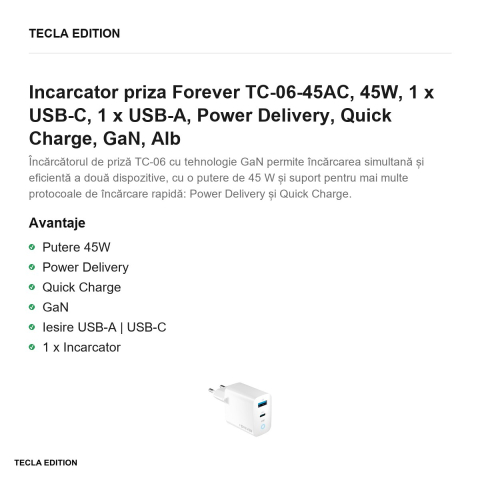 Incarcator priza Forever TC-06-45AC, 45W, 1 x USB-C, 1 x USB-A, Power Delivery, Quick Charge, GaN, Alb [1]
