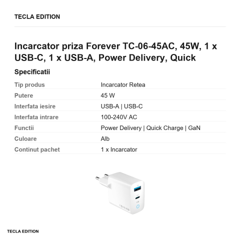 Incarcator priza Forever TC-06-45AC, 45W, 1 x USB-C, 1 x USB-A, Power Delivery, Quick Charge, GaN, Alb [2]