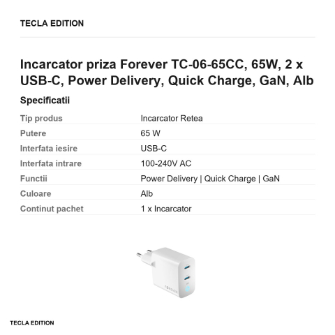 Incarcator priza Forever TC-06-65CC, 65W, 2 x USB-C, Power Delivery, Quick Charge, GaN, Alb [2]