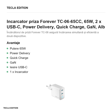 Incarcator priza Forever TC-06-65CC, 65W, 2 x USB-C, Power Delivery, Quick Charge, GaN, Alb [1]