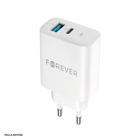 Accesorii IT - Incarcator priza Forever TC-07-30AC, 30W, 1 x USB-C, 1 x USB-A, Power Delivery, Quick Charge, Alb