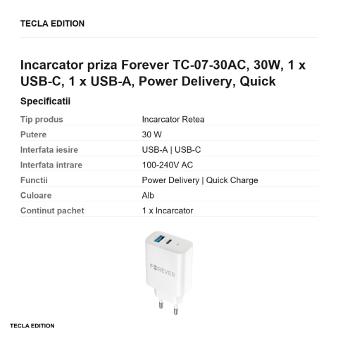 Incarcator priza Forever TC-07-30AC, 30W, 1 x USB-C, 1 x USB-A, Power Delivery, Quick Charge, Alb [2]