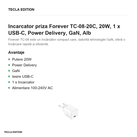 Incarcator priza Forever TC-08-20C, 20W, 1 x USB-C, Power Delivery, GaN, Alb [1]