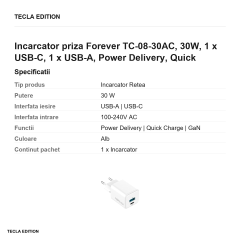 Incarcator priza Forever TC-08-30AC, 30W, 1 x USB-C, 1 x USB-A, Power Delivery, Quick Charge, GaN, Alb [2]