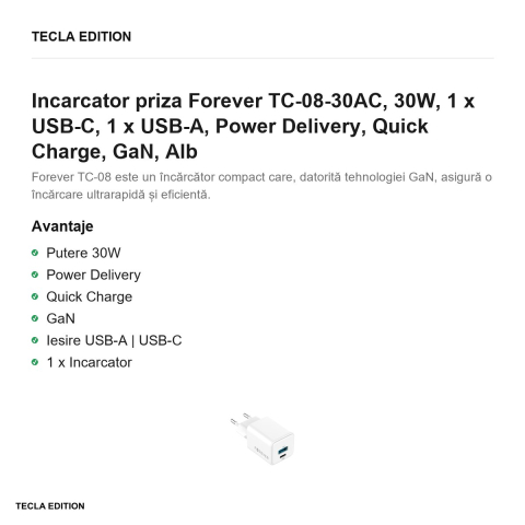 Incarcator priza Forever TC-08-30AC, 30W, 1 x USB-C, 1 x USB-A, Power Delivery, Quick Charge, GaN, Alb [1]