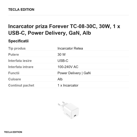 Incarcator priza Forever TC-08-30C, 30W, 1 x USB-C, Power Delivery, GaN, Alb [2]