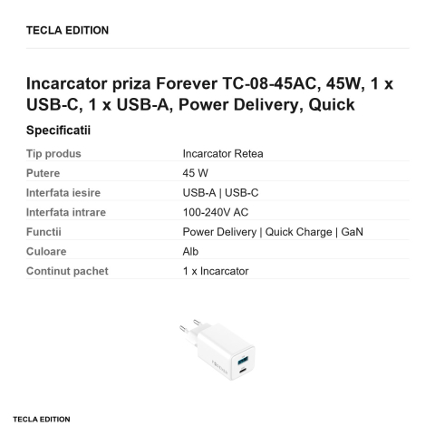 Incarcator priza Forever TC-08-45AC, 45W, 1 x USB-C, 1 x USB-A, Power Delivery, Quick Charge, GaN, Alb [2]