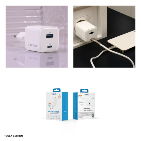 Incarcator priza Forever TC-08-45AC, 45W, 1 x USB-C, 1 x USB-A, Power Delivery, Quick Charge, GaN, Alb [4]