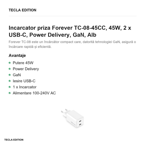 Incarcator priza Forever TC-08-45CC, 45W, 2 x USB-C, Power Delivery, GaN, Alb [1]