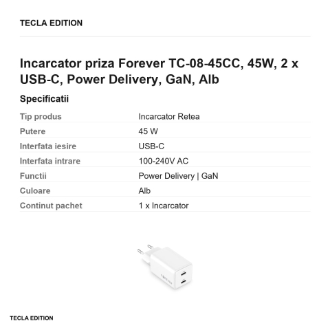 Incarcator priza Forever TC-08-45CC, 45W, 2 x USB-C, Power Delivery, GaN, Alb [2]