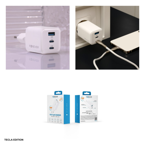 Incarcator priza Forever TC-08-65ACC, 65W, 2 x USB-C, 1 x USB-A, Power Delivery, Quick Charge, GaN, Alb [4]