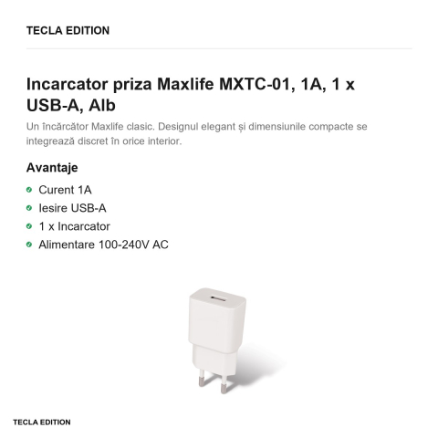 Incarcator priza Maxlife MXTC-01, 1A, 1 x USB-A, Alb [1]