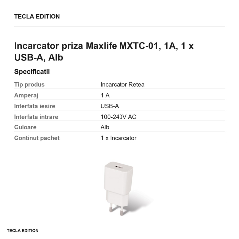 Incarcator priza Maxlife MXTC-01, 1A, 1 x USB-A, Alb [2]