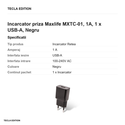 Incarcator priza Maxlife MXTC-01, 1A, 1 x USB-A, Negru [2]