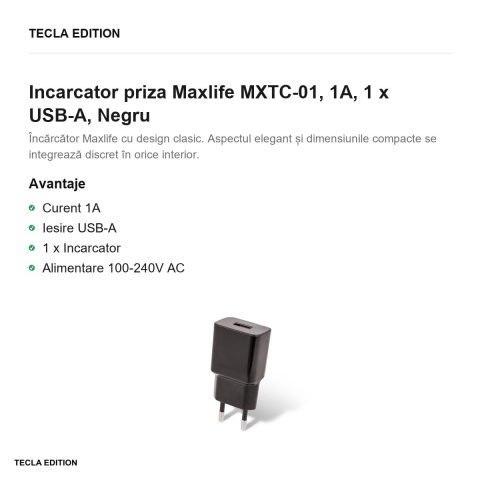Incarcator priza Maxlife MXTC-01, 1A, 1 x USB-A, Negru [1]