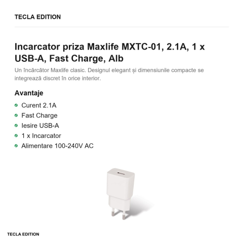 Incarcator priza Maxlife MXTC-01, 2.1A, 1 x USB-A, Fast Charge, Alb [1]