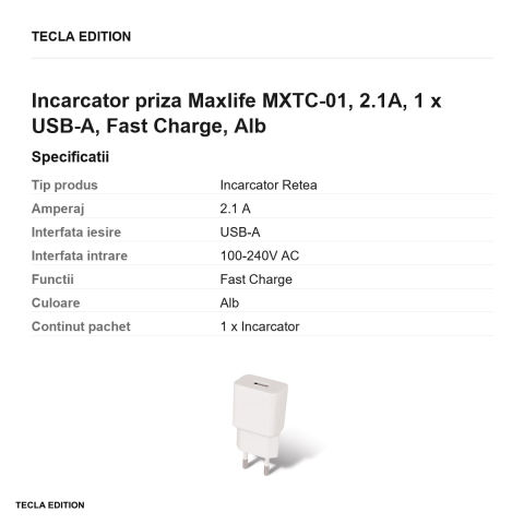 Incarcator priza Maxlife MXTC-01, 2.1A, 1 x USB-A, Fast Charge, Alb [2]