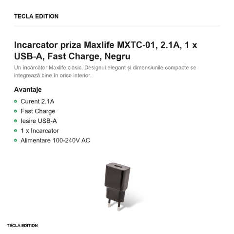 Incarcator priza Maxlife MXTC-01, 2.1A, 1 x USB-A, Fast Charge, Negru [1]