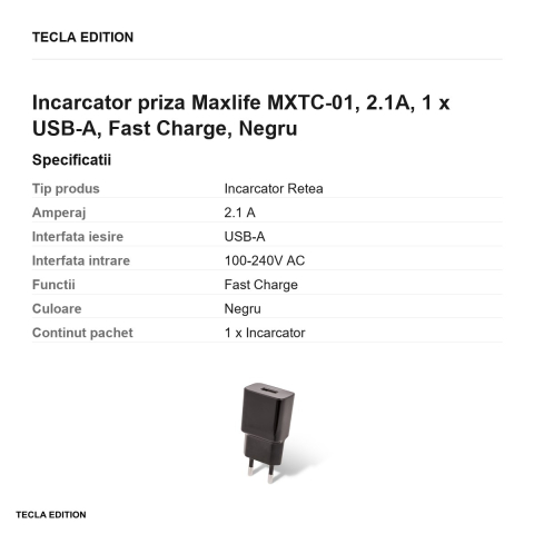Incarcator priza Maxlife MXTC-01, 2.1A, 1 x USB-A, Fast Charge, Negru [2]