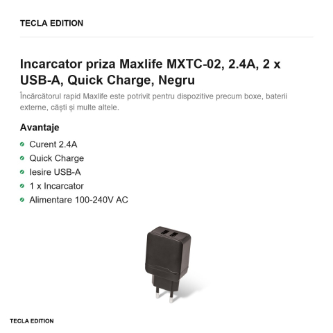 Incarcator priza Maxlife MXTC-02, 2.4A, 2 x USB-A, Quick Charge, Negru [1]