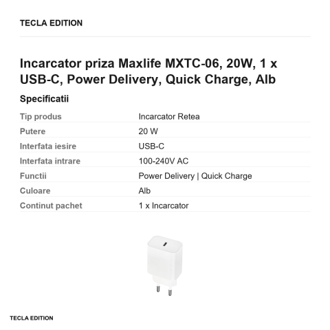 Incarcator priza Maxlife MXTC-06, 20W, 1 x USB-C, Power Delivery, Quick Charge, Alb [2]