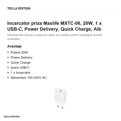 Incarcator priza Maxlife MXTC-06, 20W, 1 x USB-C, Power Delivery, Quick Charge, Alb [1]