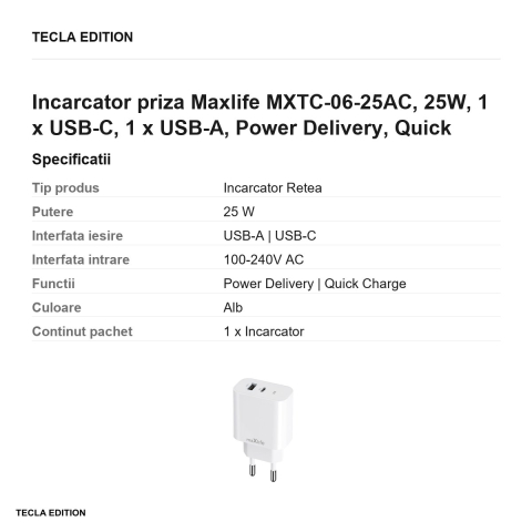 Incarcator priza Maxlife MXTC-06-25AC, 25W, 1 x USB-C, 1 x USB-A, Power Delivery, Quick Charge, Alb [2]