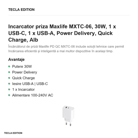 Incarcator priza Maxlife MXTC-06, 30W, 1 x USB-C, 1 x USB-A, Power Delivery, Quick Charge, Alb [1]